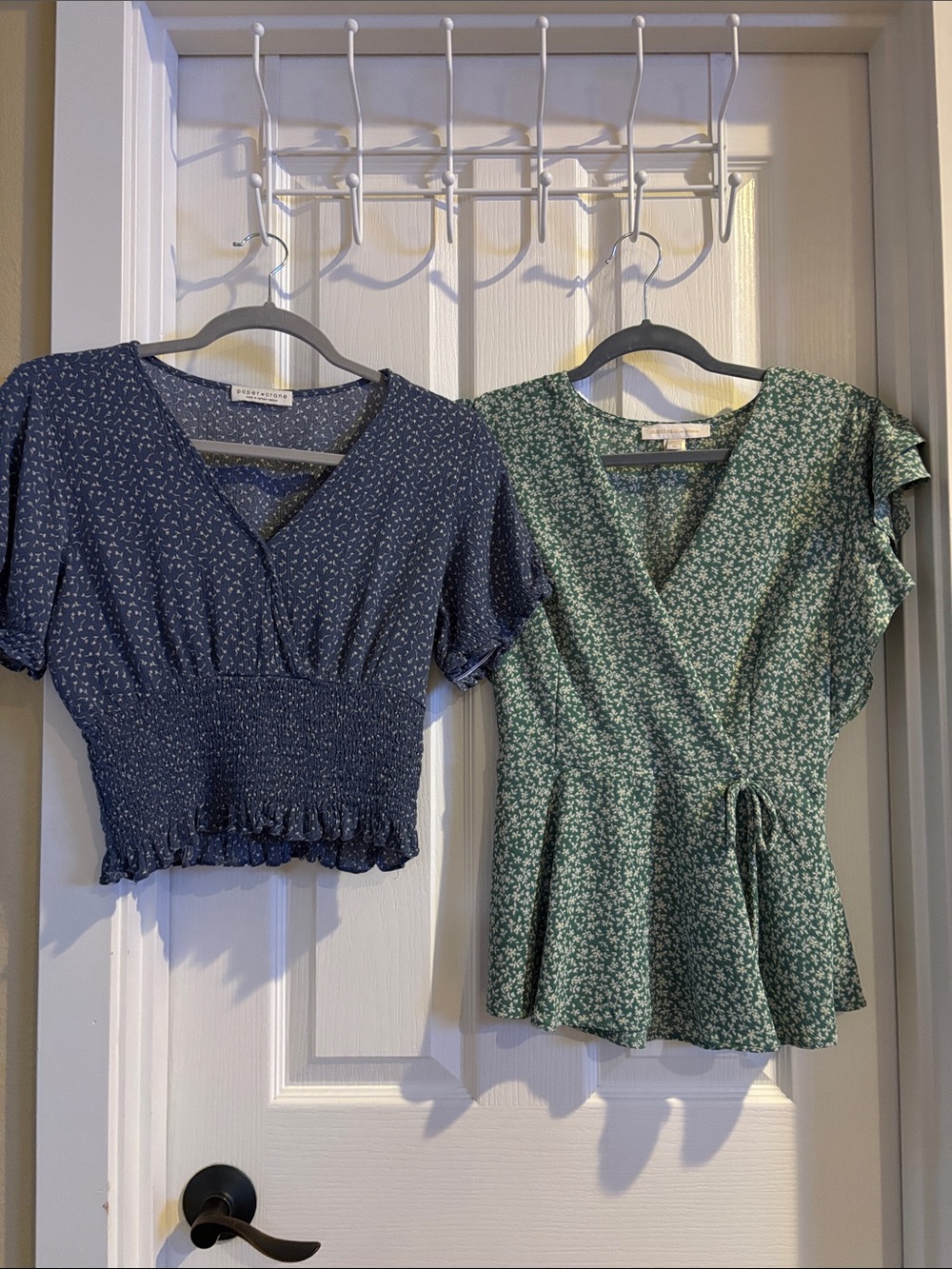 Paper Crane Blue Floral Smocked Crop Top & Monteau Green Peplum Blouse Set